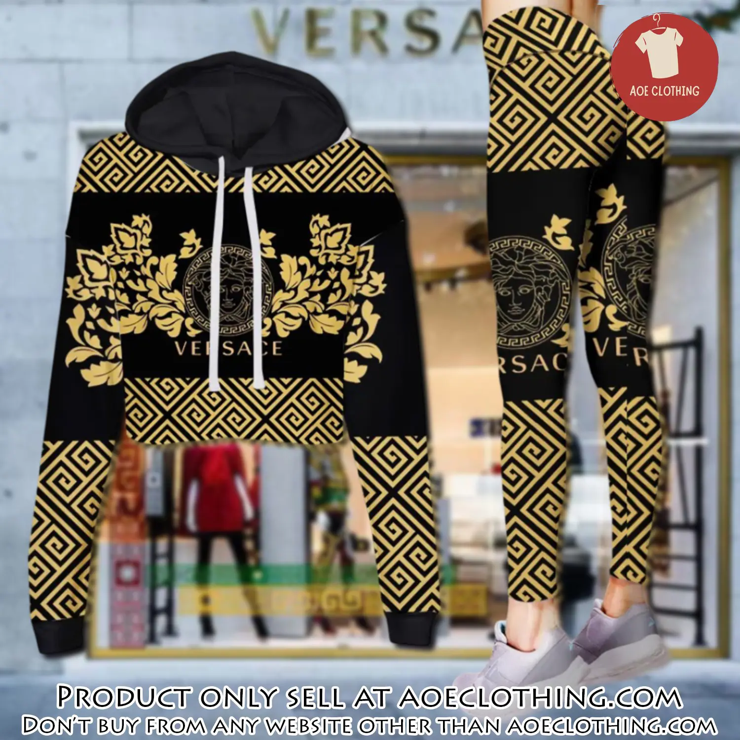 Versace medusa yellow pattern luxury brand clothes leggings and crop top set for women aoe1456374